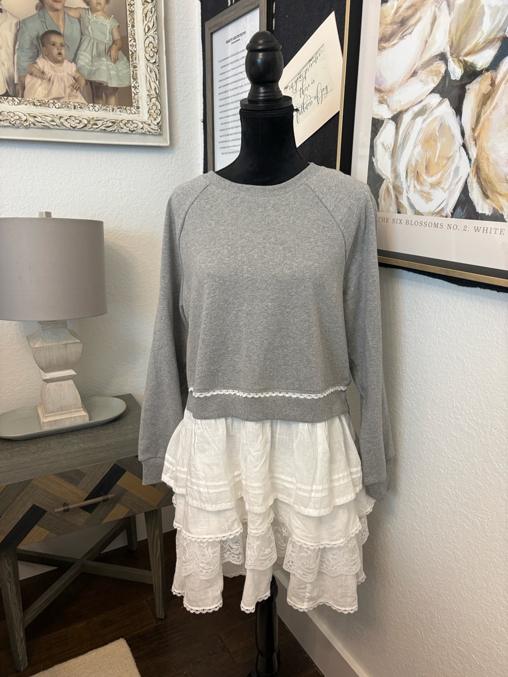 Gray Layered Lace-Hem Sweatshirt Top with White Tiered Trim NWOT